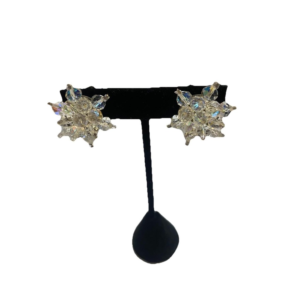 VTG  Aurora Borealis Iridescent Flower Crystal Cluster Earrings, Clip On Italy